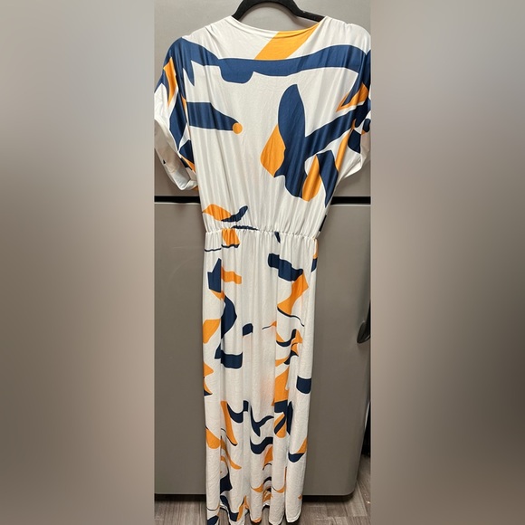 Blue & Gold Geometric Floor Length Dress w/ High Front Slit - Picture 2 of 4